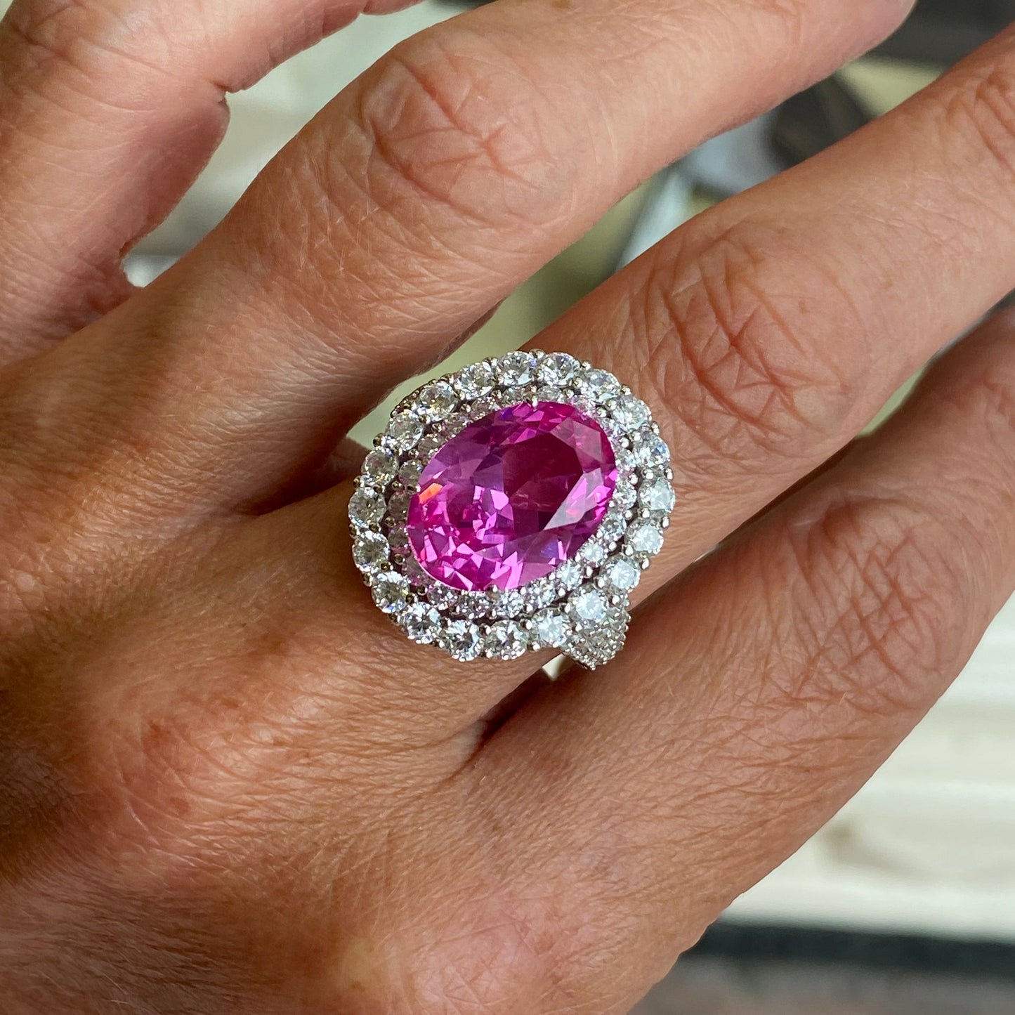 Silver Statement Hot Pink CZ Double Halo Ring