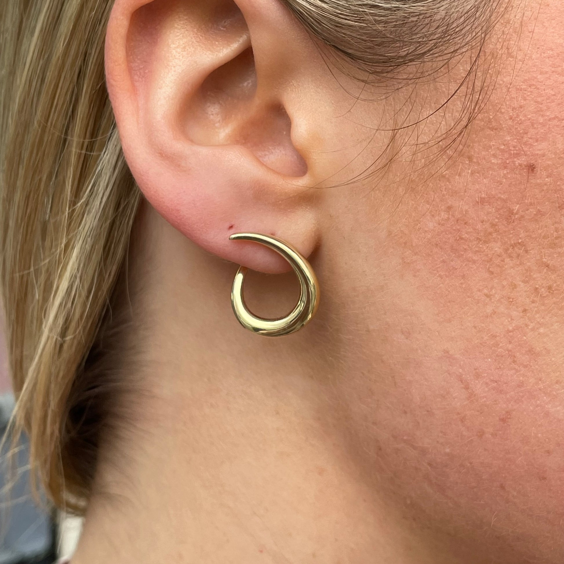 Mark Milton 9ct gold swirl drop earrings with elegant, flowing design, featuring polished gold finish and delicate drop style.