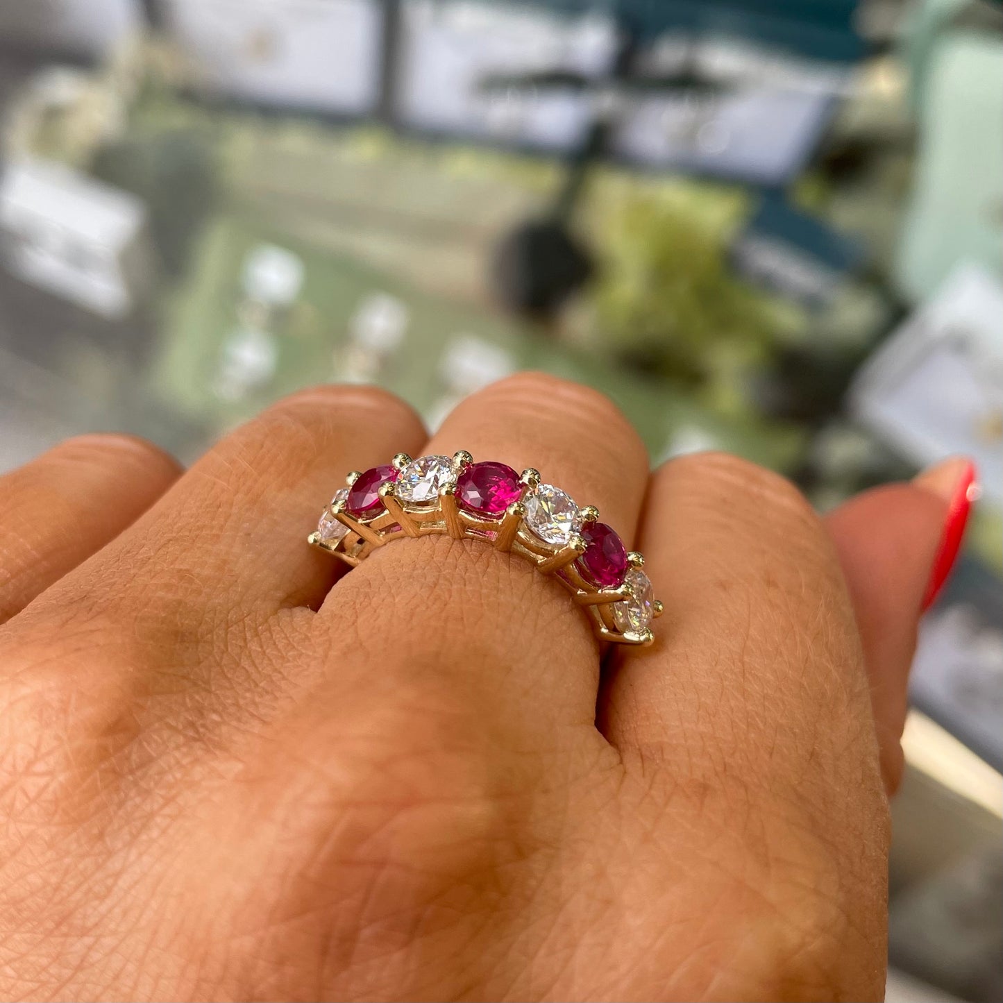 9ct Gold Red & White CZ Seven Stone Eternity Ring