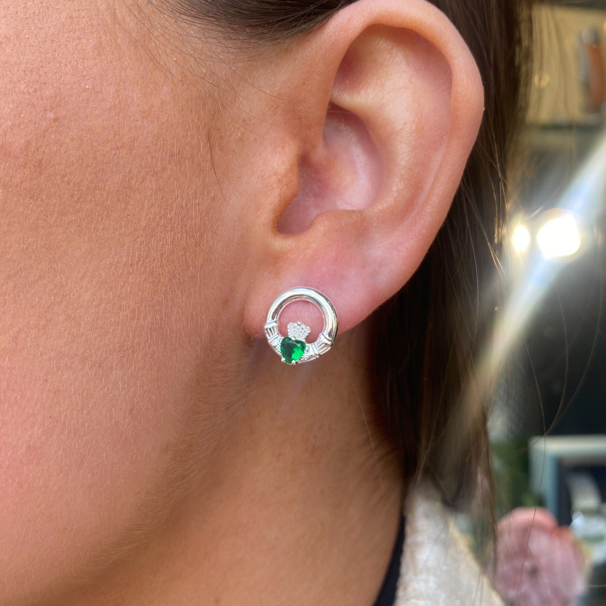 Silver Green CZ Claddagh Earrings - John Ross Jewellers