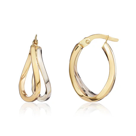 9ct Gold Two Tone Wave Hoop Earrings | Square Tube