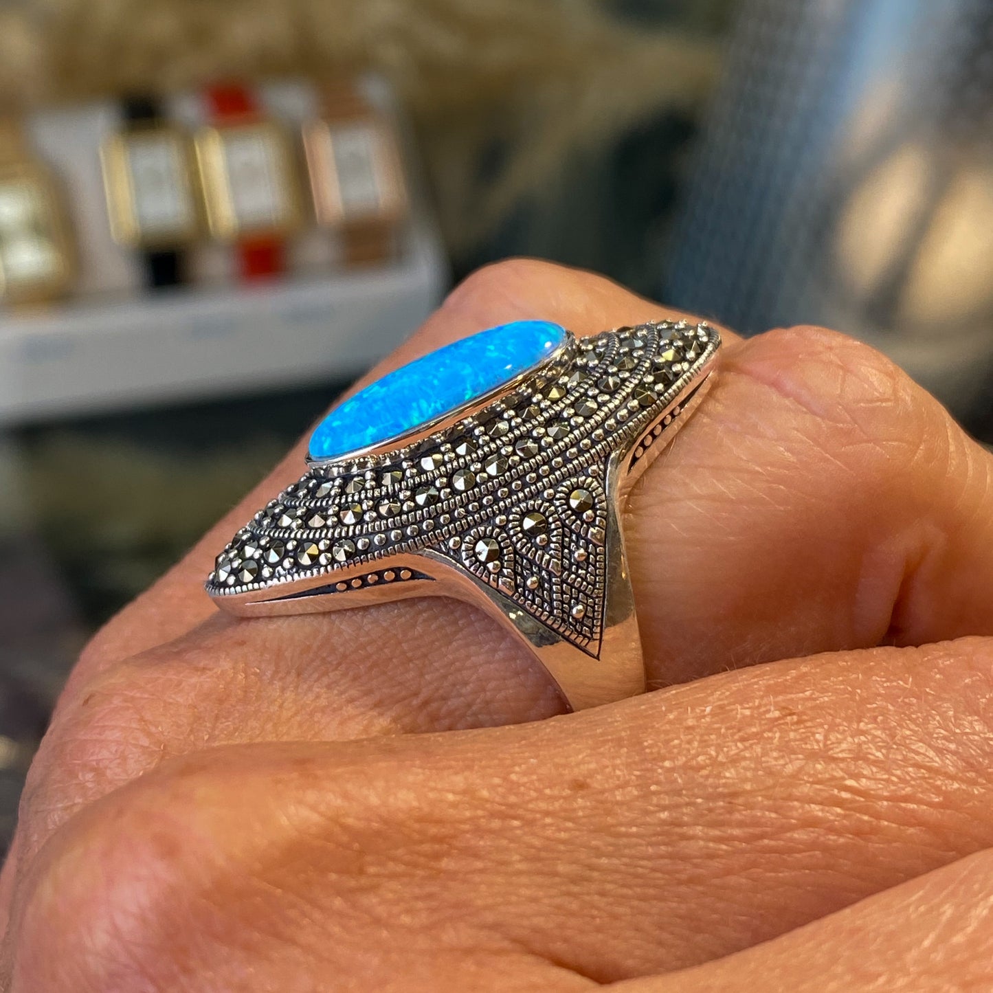 Silver Marcasite & Blue Opalique Elongated Oval Ring - John Ross Jewellers