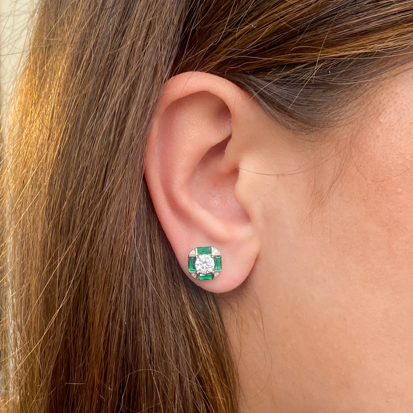 Silver Created Emerald & CZ Cube Stud Earrings | C Flawless - John Ross Jewellers
