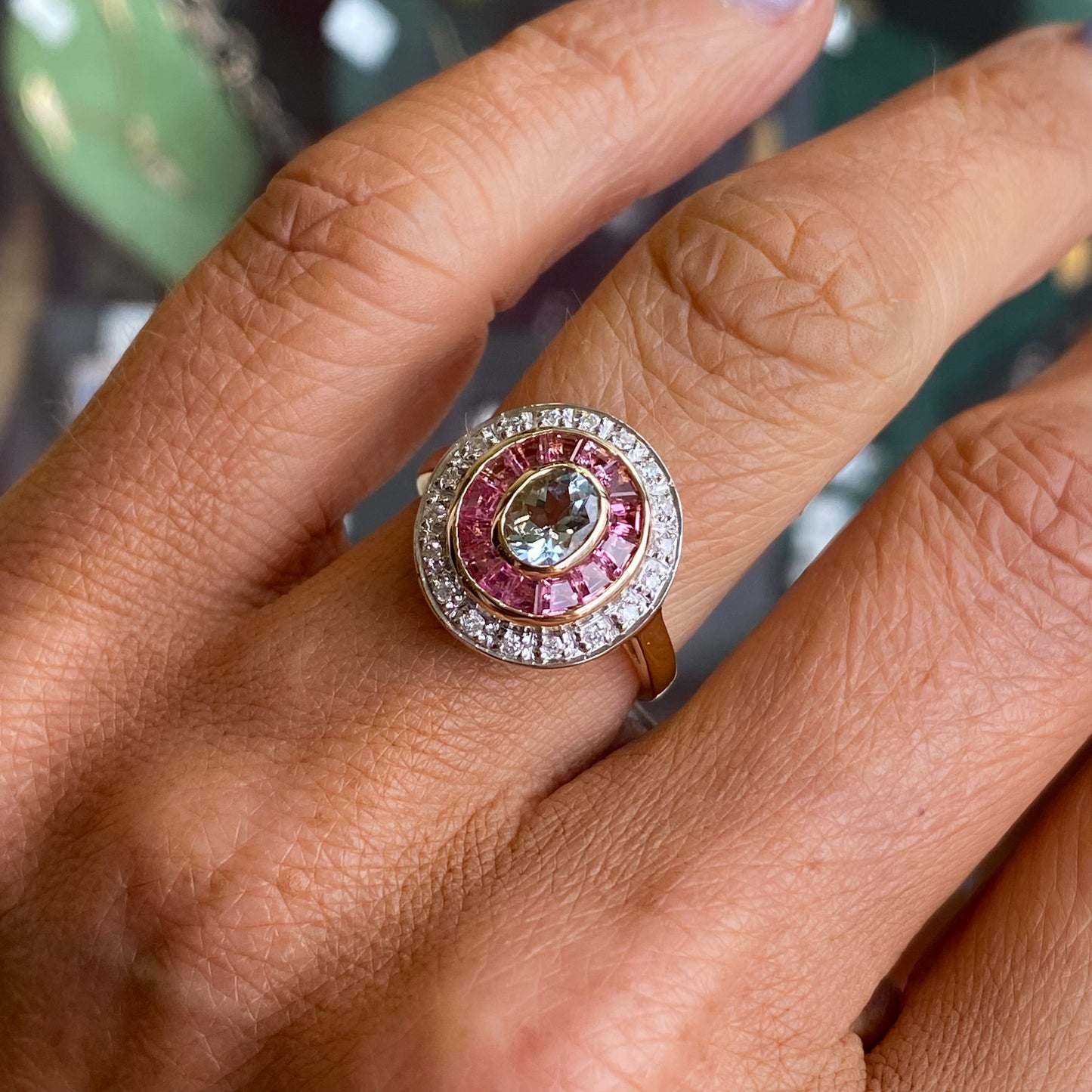 9ct Gold Aquamarine, Pink Tourmaline & Diamond Ring