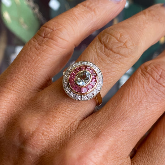 9ct Gold Aquamarine, Pink Tourmaline & Diamond Ring