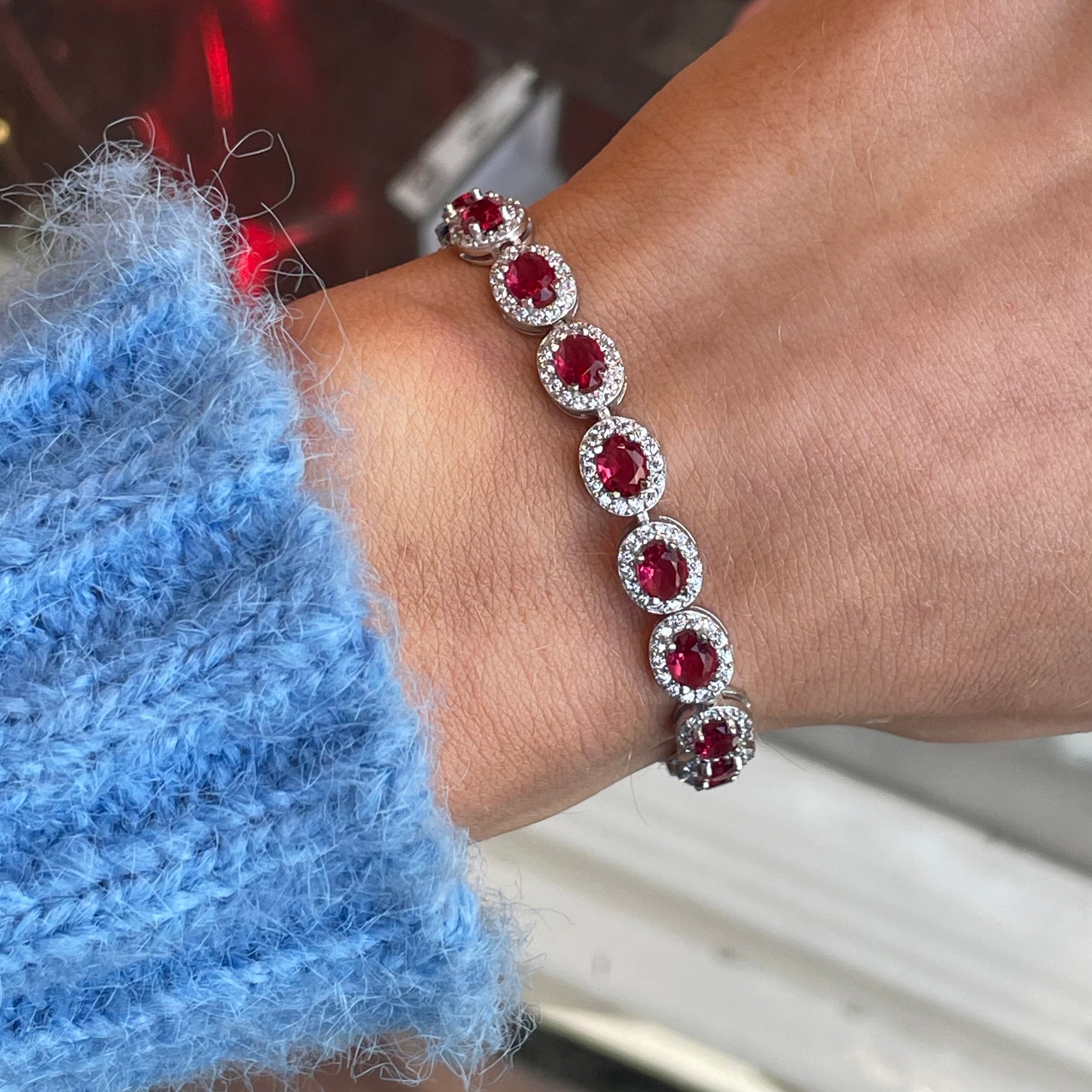 Silver Oval CZ Garland Bracelet | Ruby Red - John Ross Jewellers
