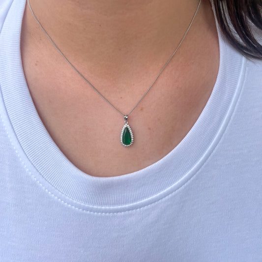 Silver CZ Pear Halo Earring & Necklace Set | Emerald Green