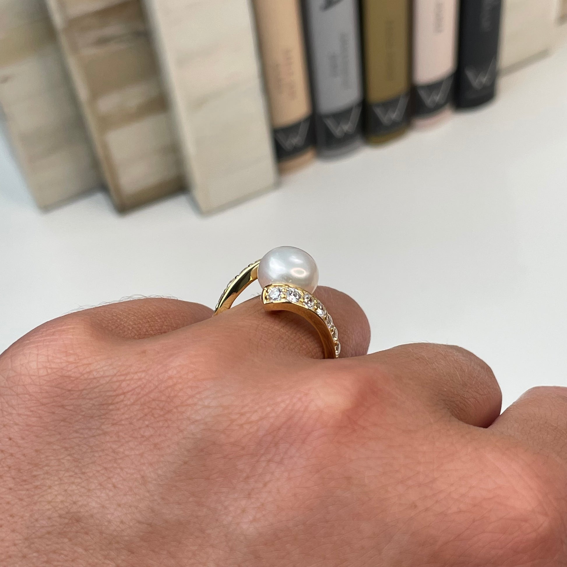 Sunshine Freshwater Pearl & CZ Crossover Ring | 9mm - John Ross Jewellers