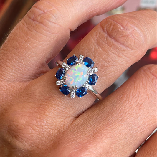 Silver Oval Diana Cluster Ring | Opalique & Sapphire Blue - John Ross Jewellers