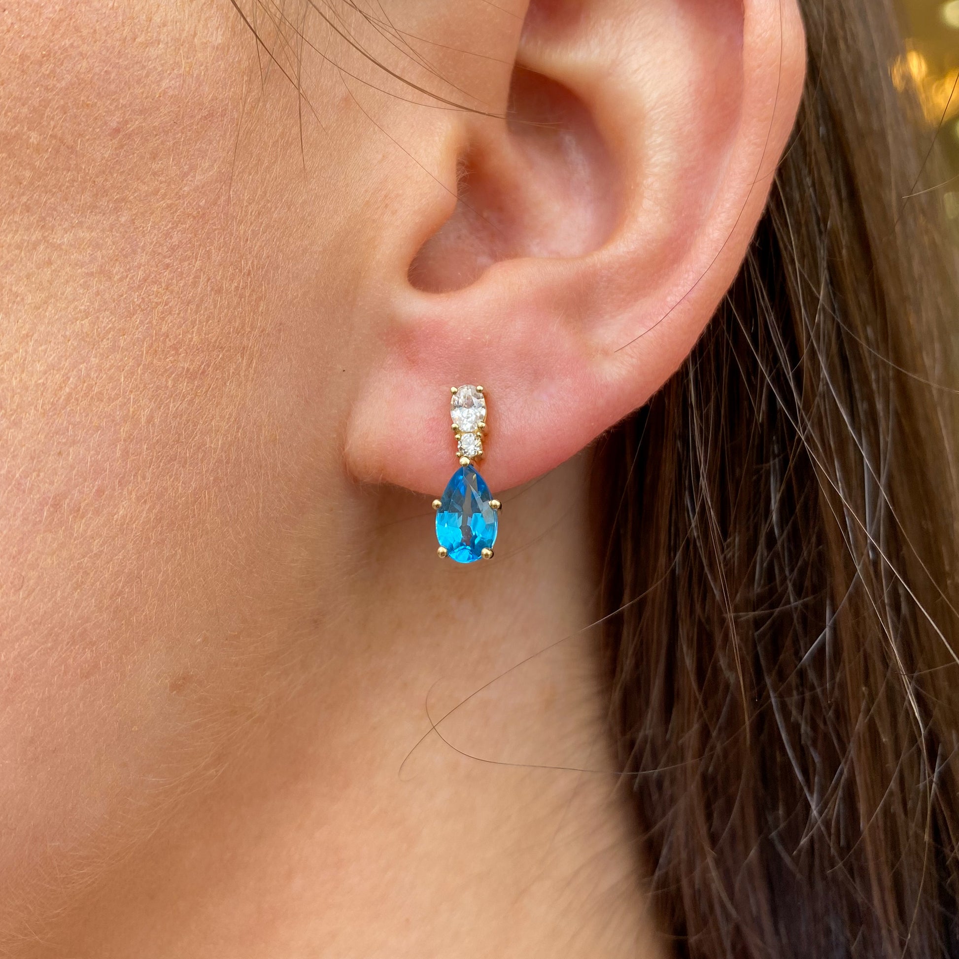 9ct Gold Pear Blue Topaz & CZ Drop Earrings - John Ross Jewellers