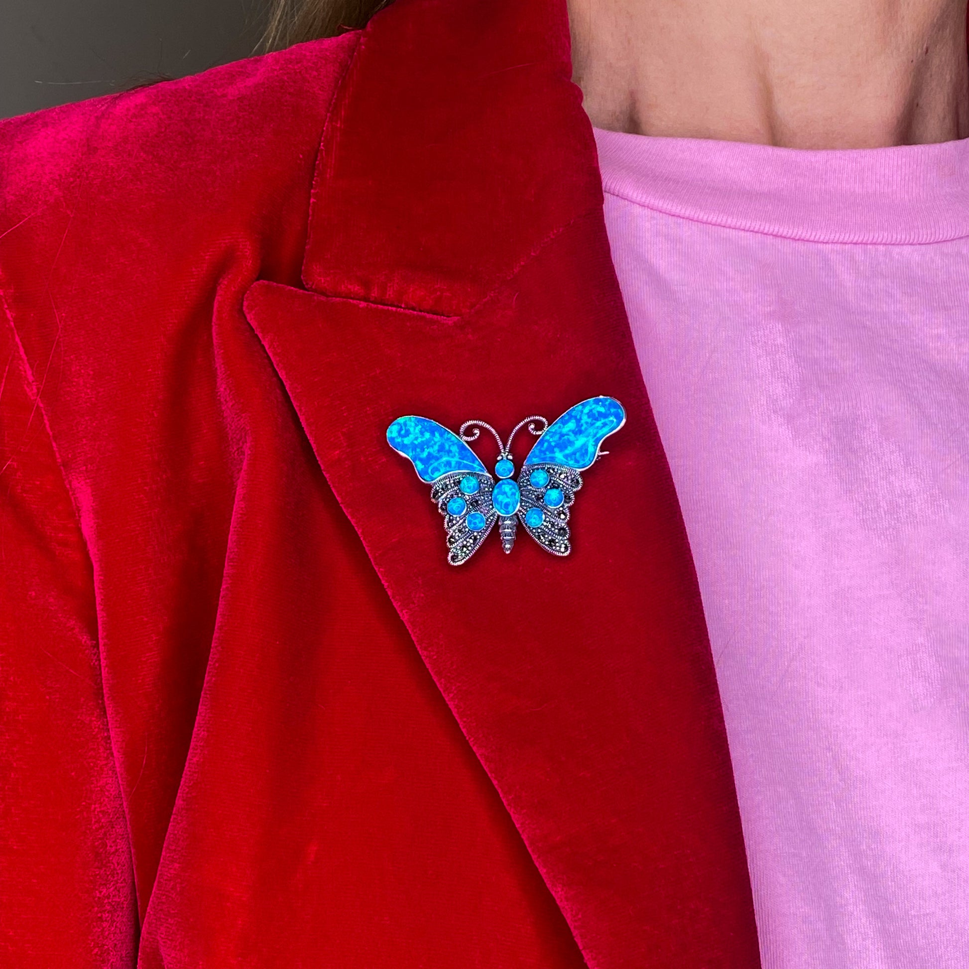 Silver Marcasite & Blue Opalique Butterfly Brooch - John Ross Jewellers