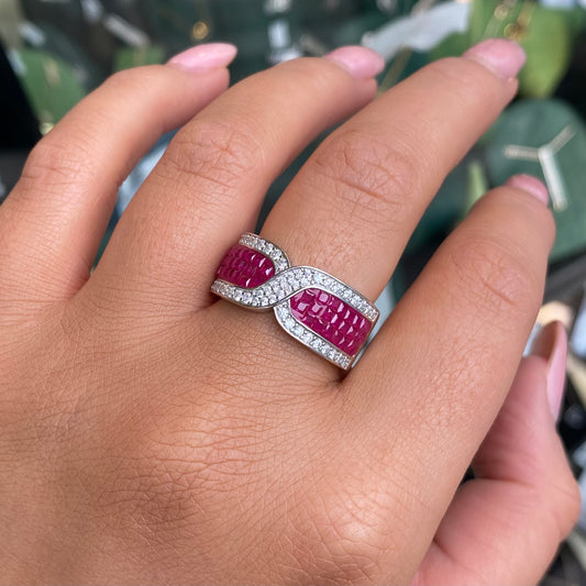Silver Crossover CZ Ring | Ruby Red