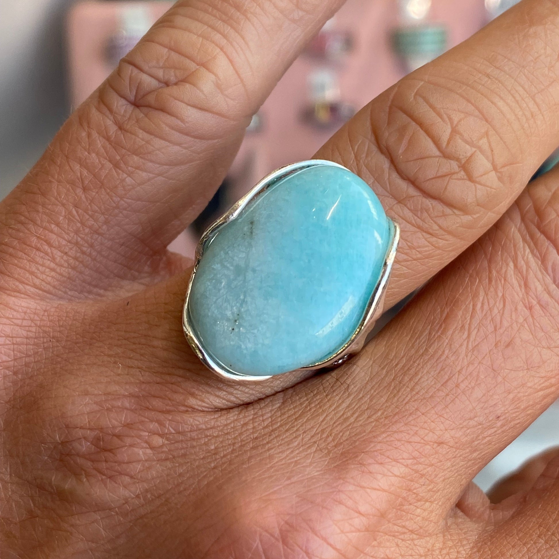 Silver Amazonite nugget ring by Bruno featuring a raw, natural gemstone set in a sleek silver band.