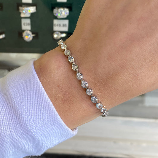 Silver CZ Pear Cut Line Bracelet | 19cm