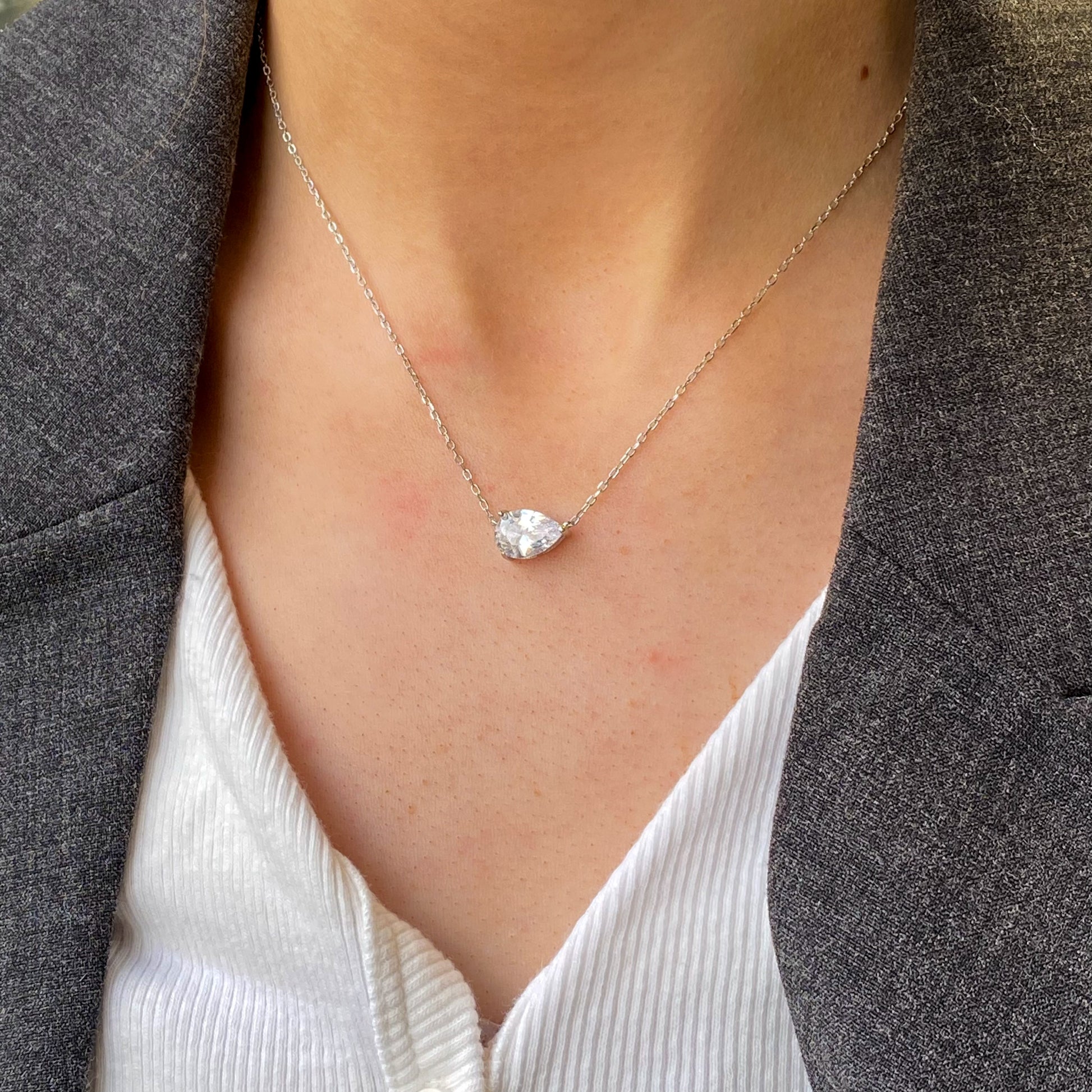 Silver Pear CZ Inline Necklace - John Ross Jewellers