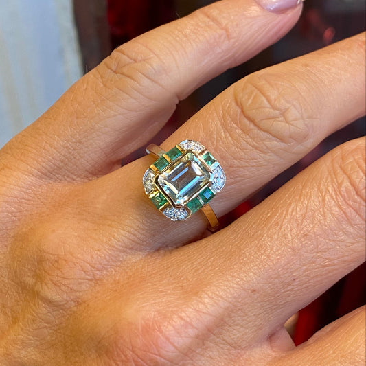 9ct Gold Green Amethyst, Emerald & Diamond Ring - John Ross Jewellers