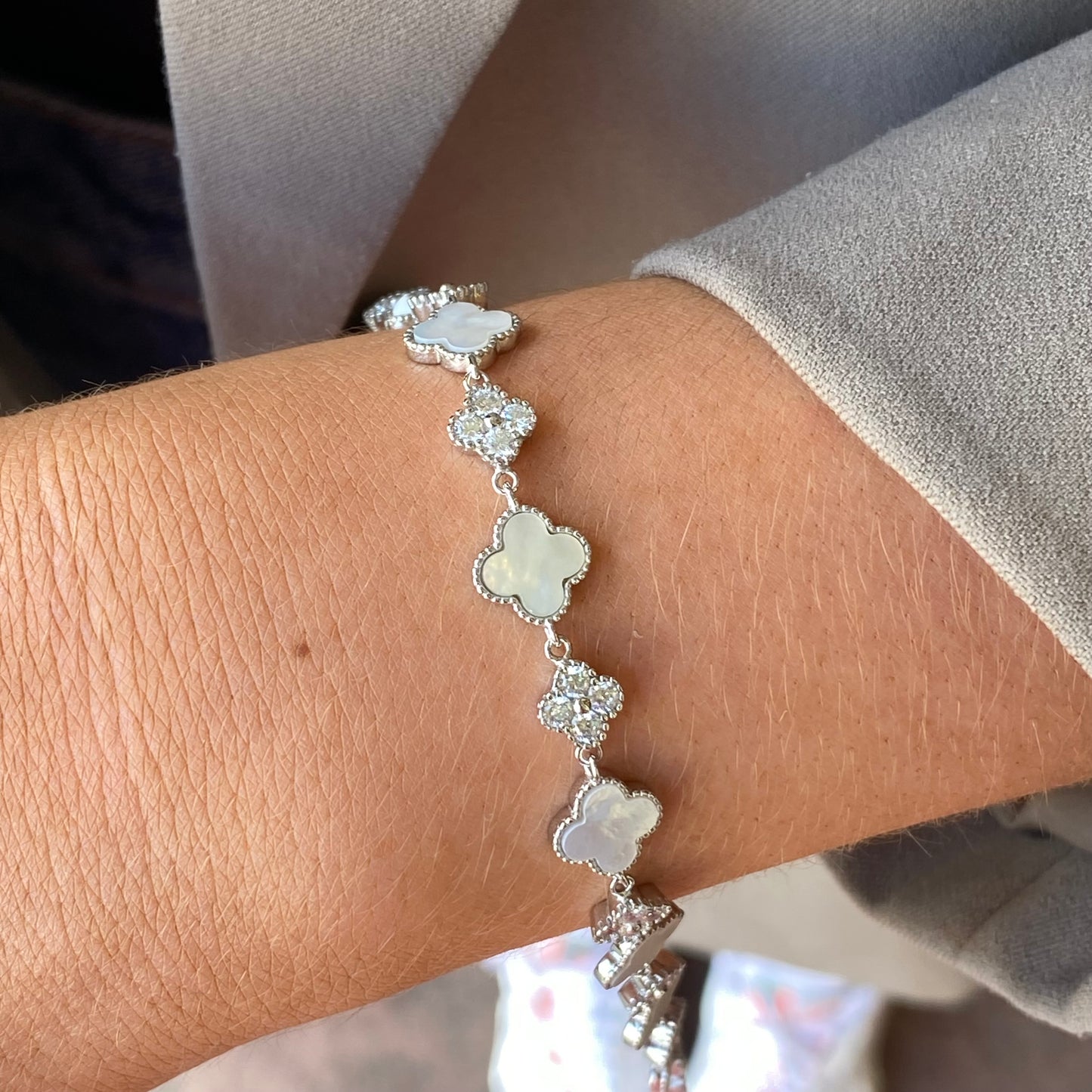 Silver CZ Tennis Bracelet | Mother of Pearl Quatrefoil