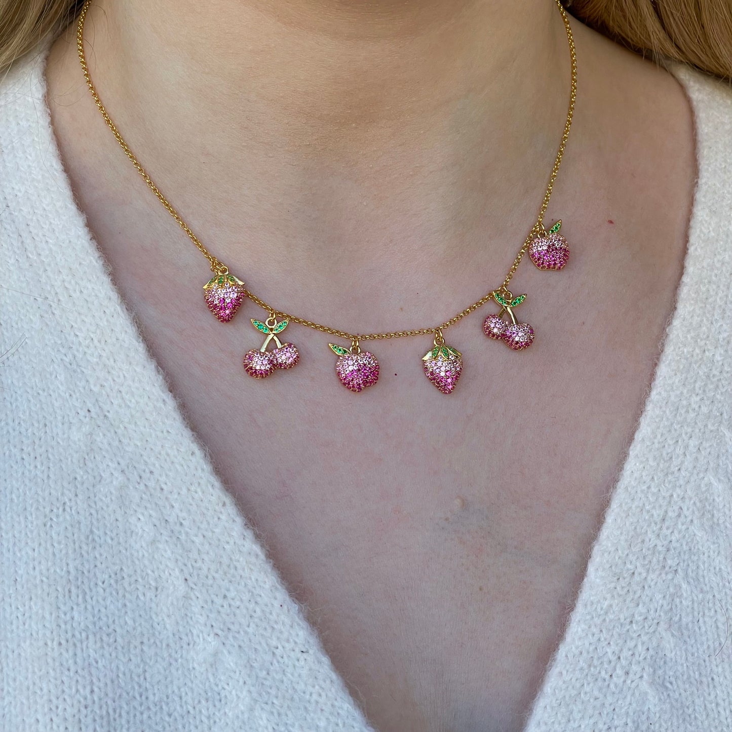 Colorful Sunshine Fruit Salad necklace by Comero featuring vibrant fruit charms on a 40+5cm chain.