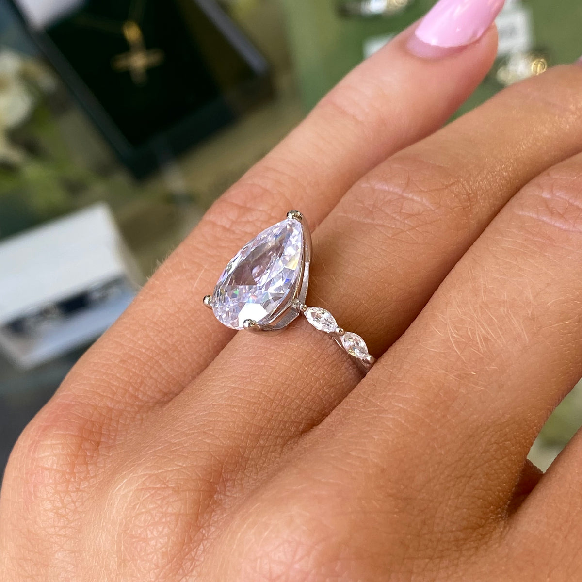 Silver Pear CZ Solitaire Ring