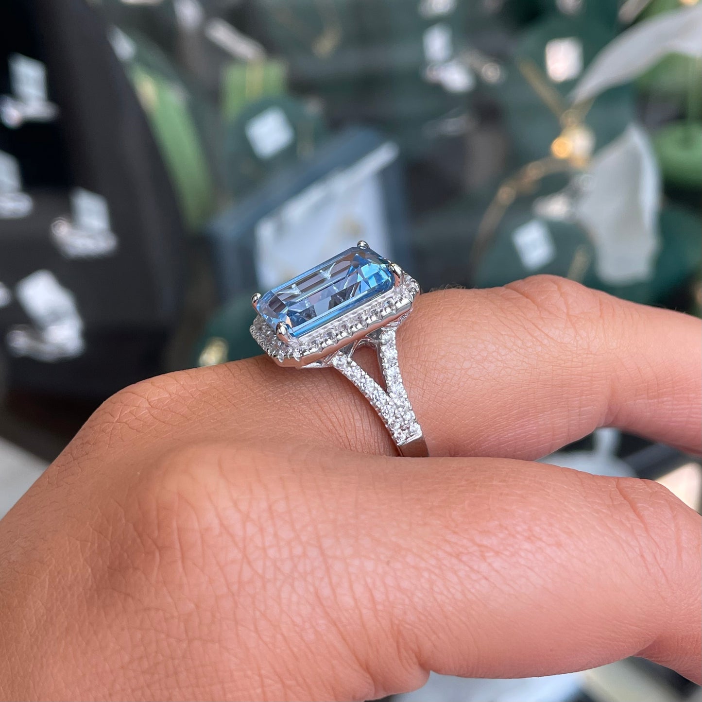 Silver Emerald Cut Statement Ring | Aqua Blue