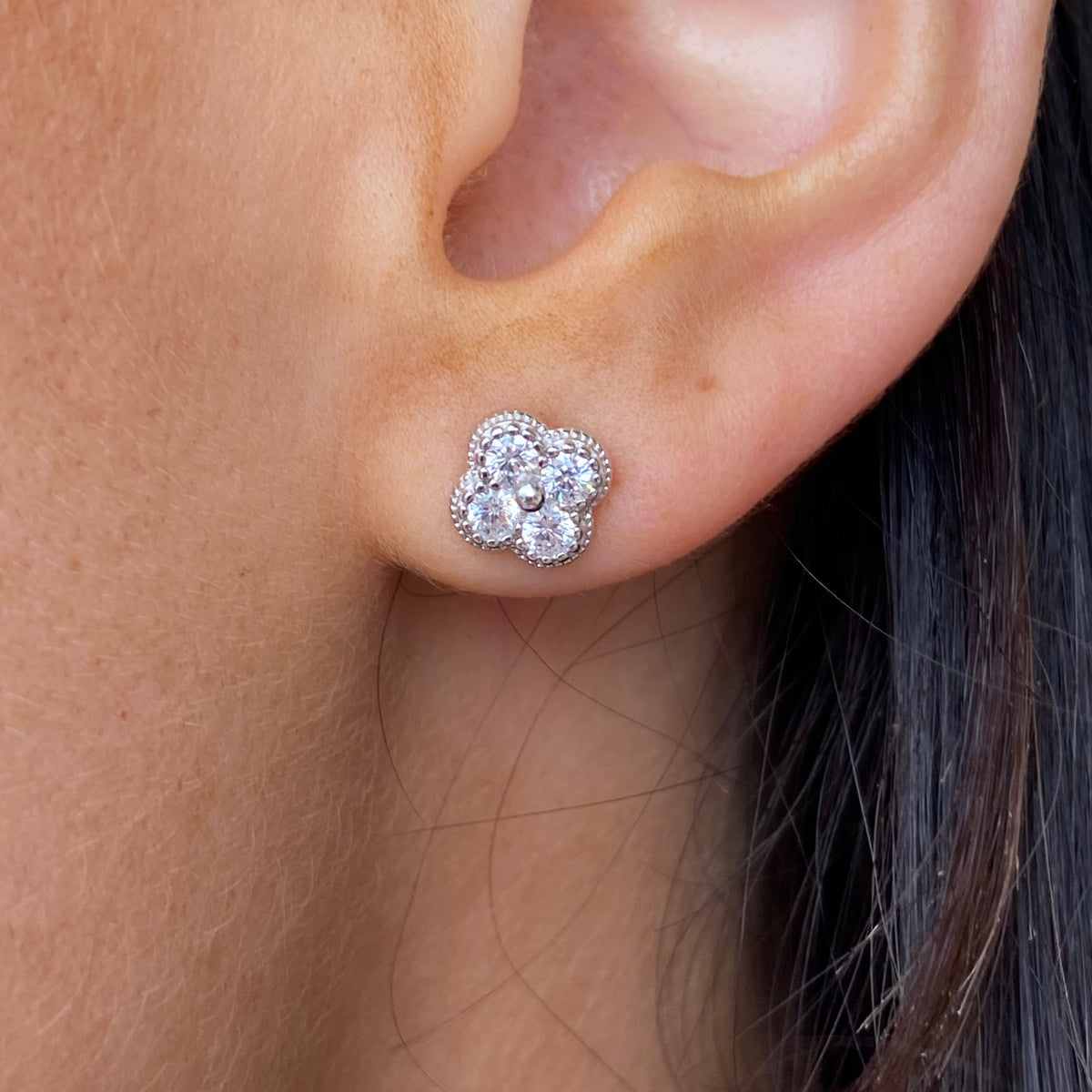 Silver Quatrefoil CZ Stud Earrings