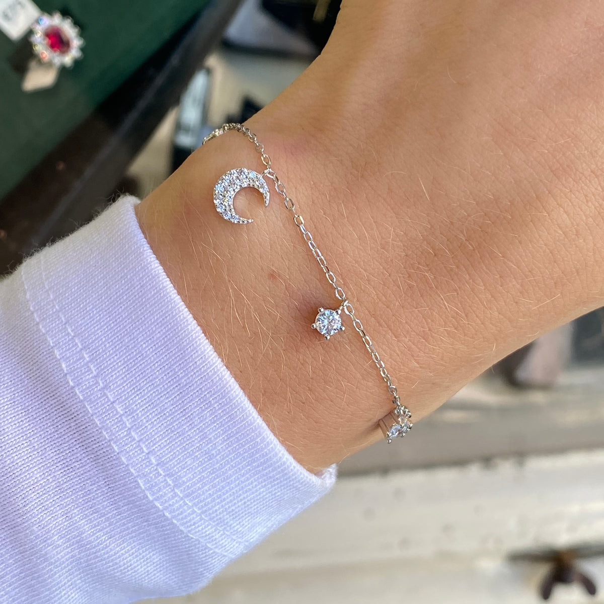 Silver CZ Charm Bracelet | Moon & CZ Drops