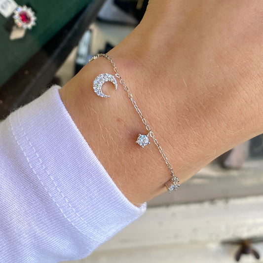 Silver CZ Charm Bracelet | Moon & CZ Drops