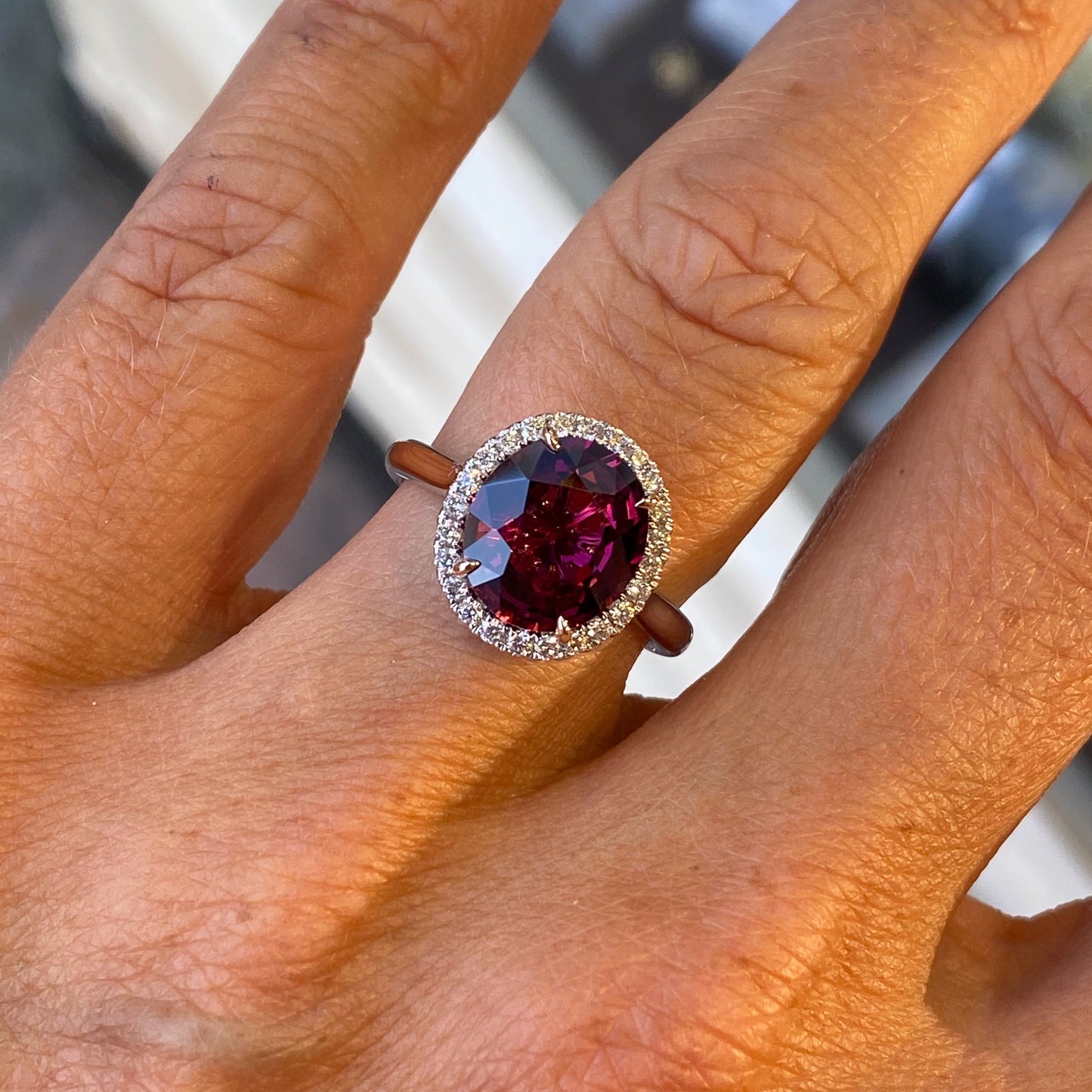 18ct White Gold Rhodolite & Diamond Ring