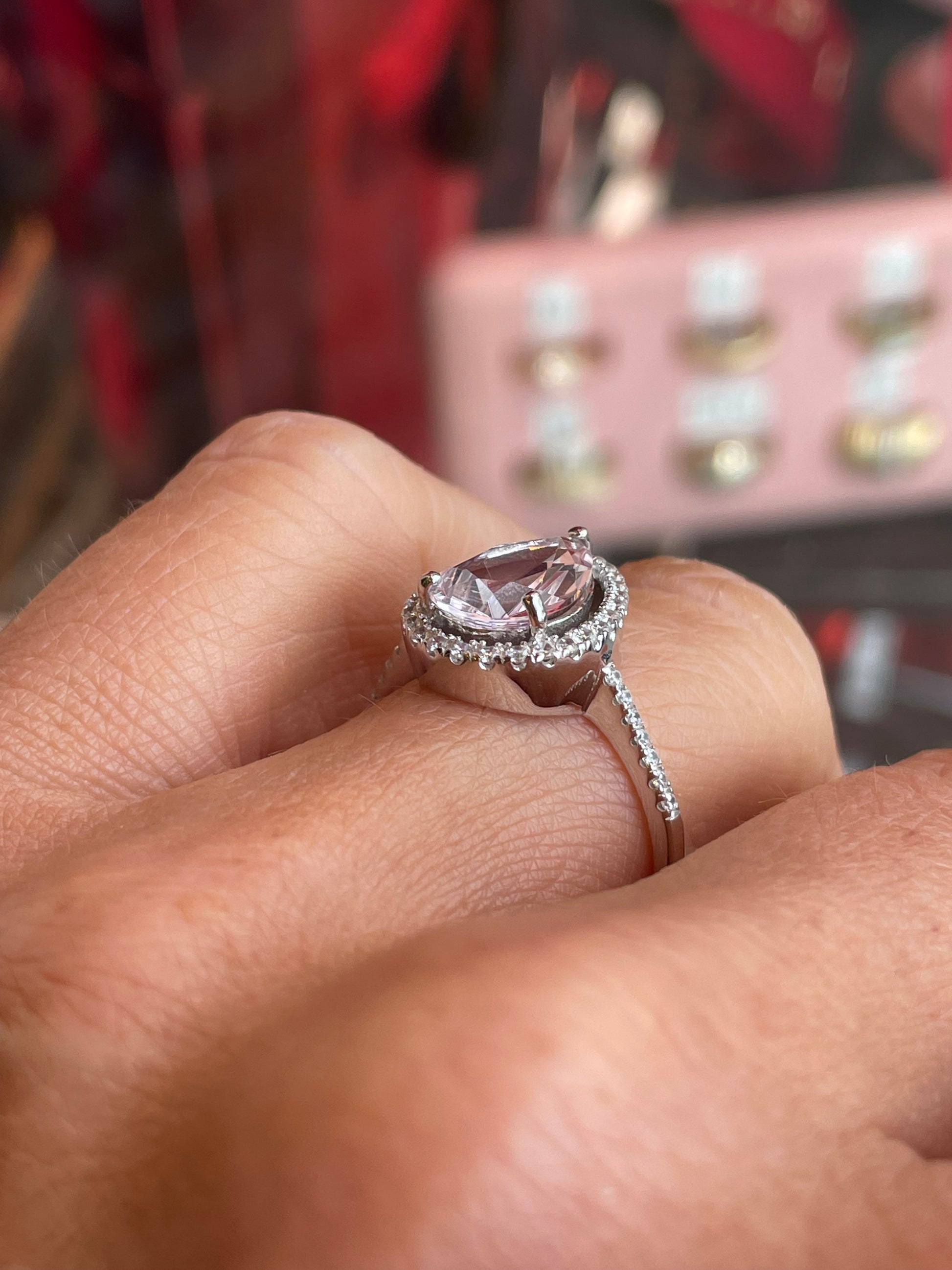 Silver Pear Halo Cluster Ring | Soft Pink - John Ross Jewellers