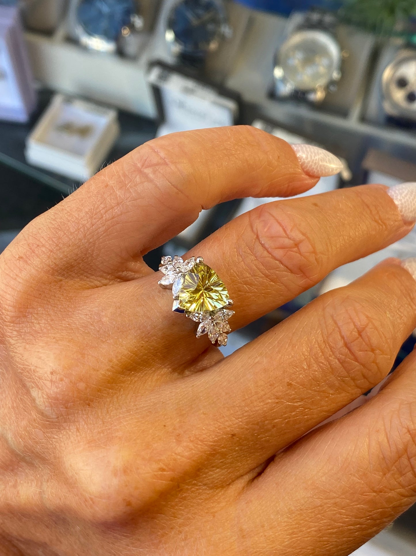 Platinum Prasiolite Trilliant Ring | Certificated Lab - John Ross Jewellers