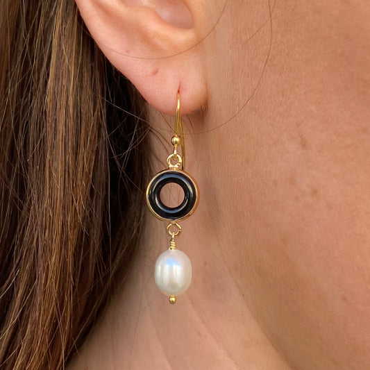 Bruno Onyx and pearl drop earrings featuring elegant hooks and a stylish design for sophisticated jewelry wear.