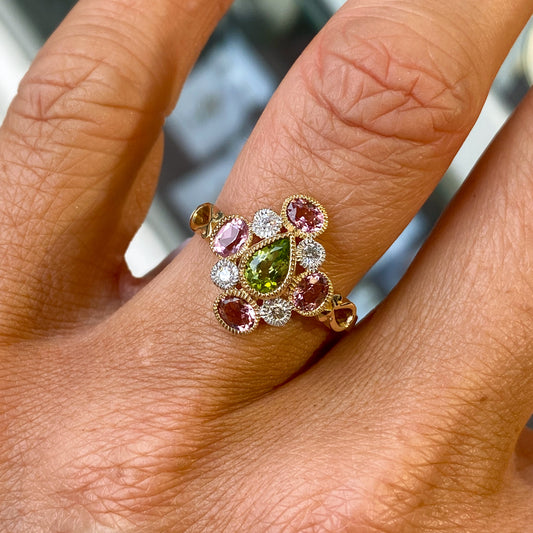 9ct Gold Peridot, Pink Tourmaline & Diamond Ring