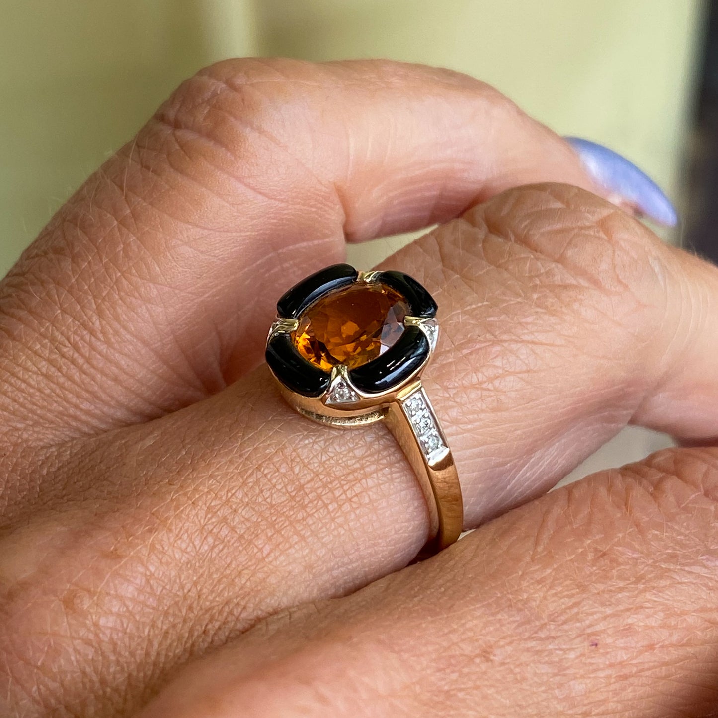 9ct Yellow Gold Citrine, Onyx & Diamond Ring