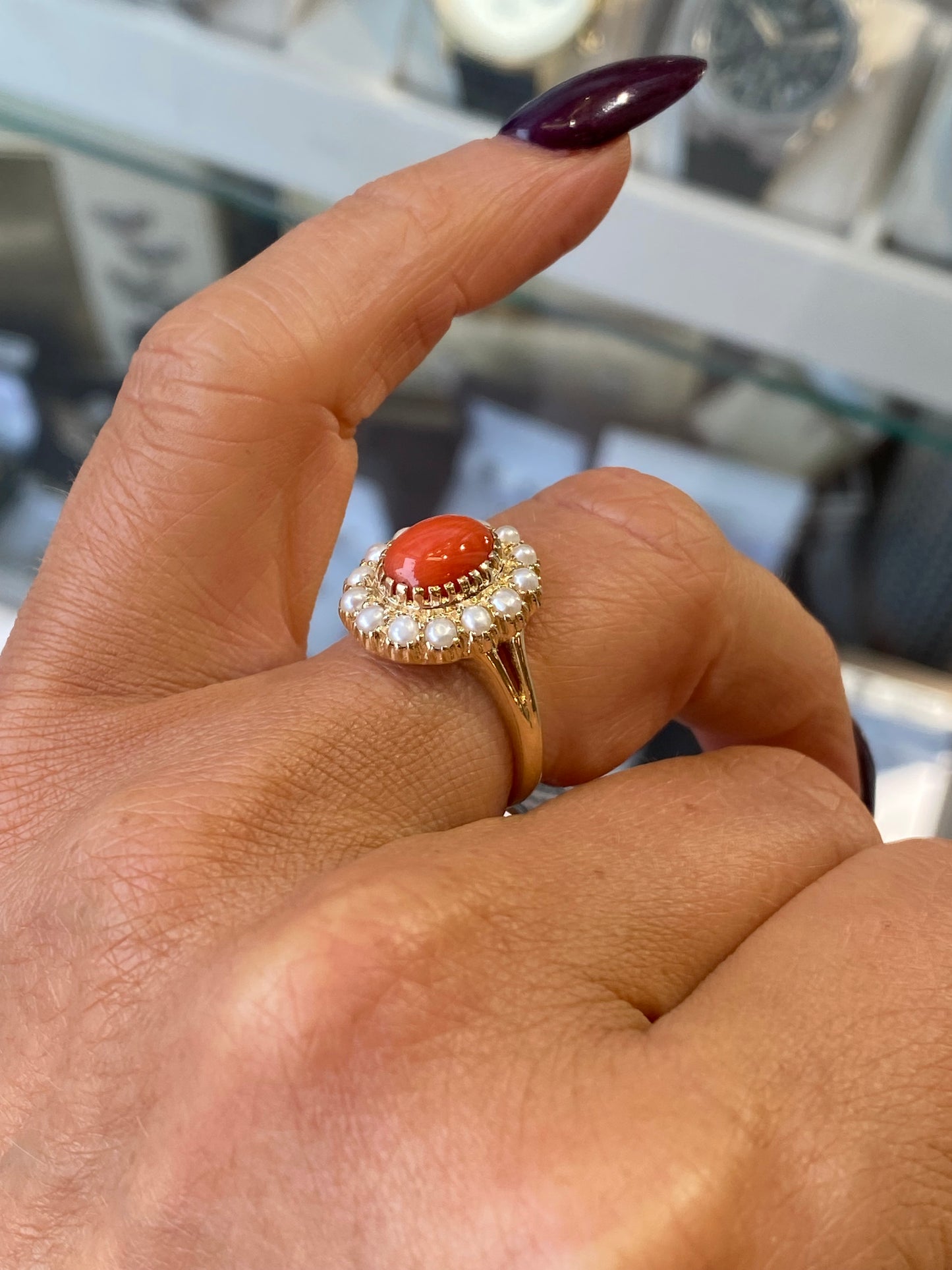 9ct Gold Coral & Pearl Oval Cluster Ring