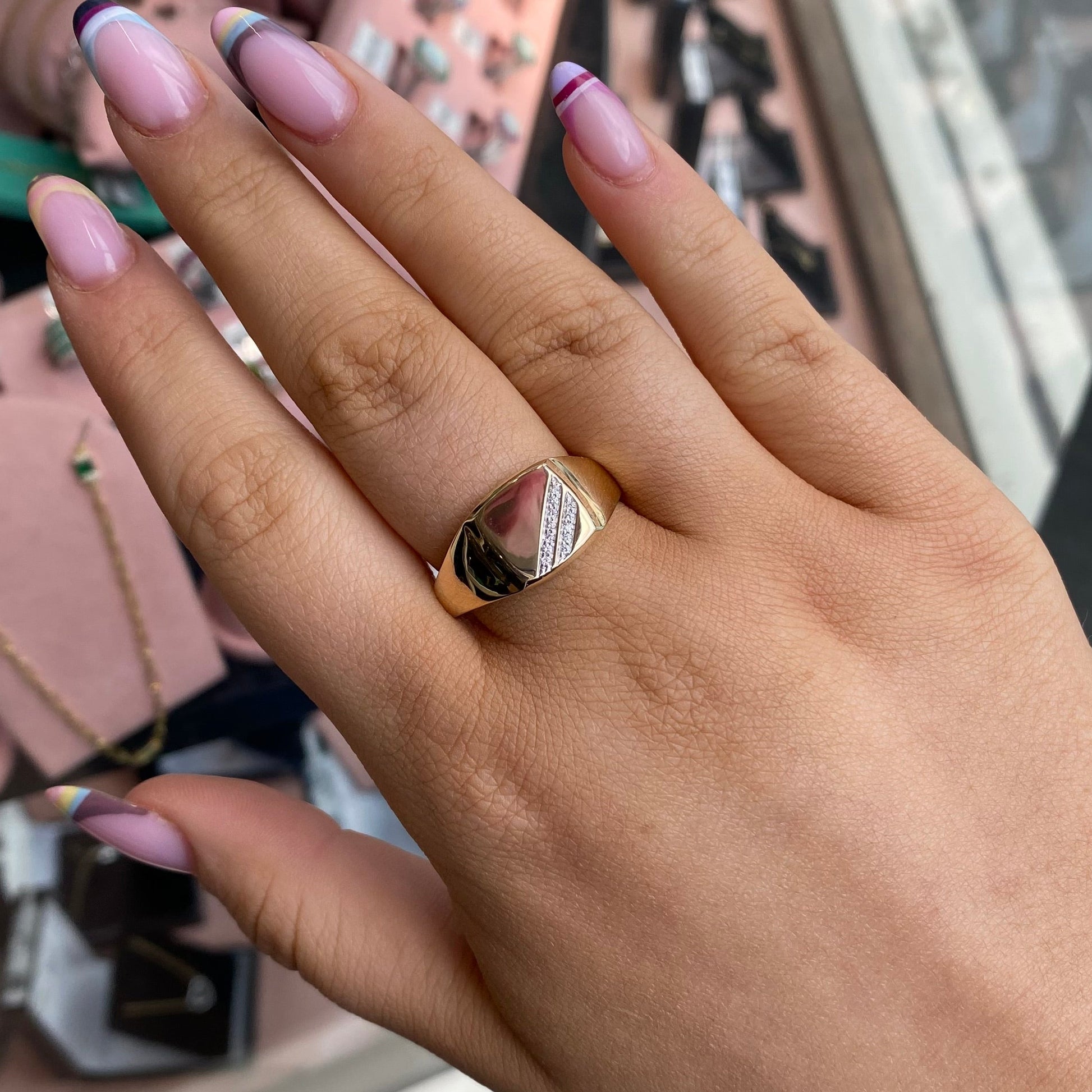 9ct gold gents square signet ring with a diamond, featuring a polished gold band and engraved design, by PJD.