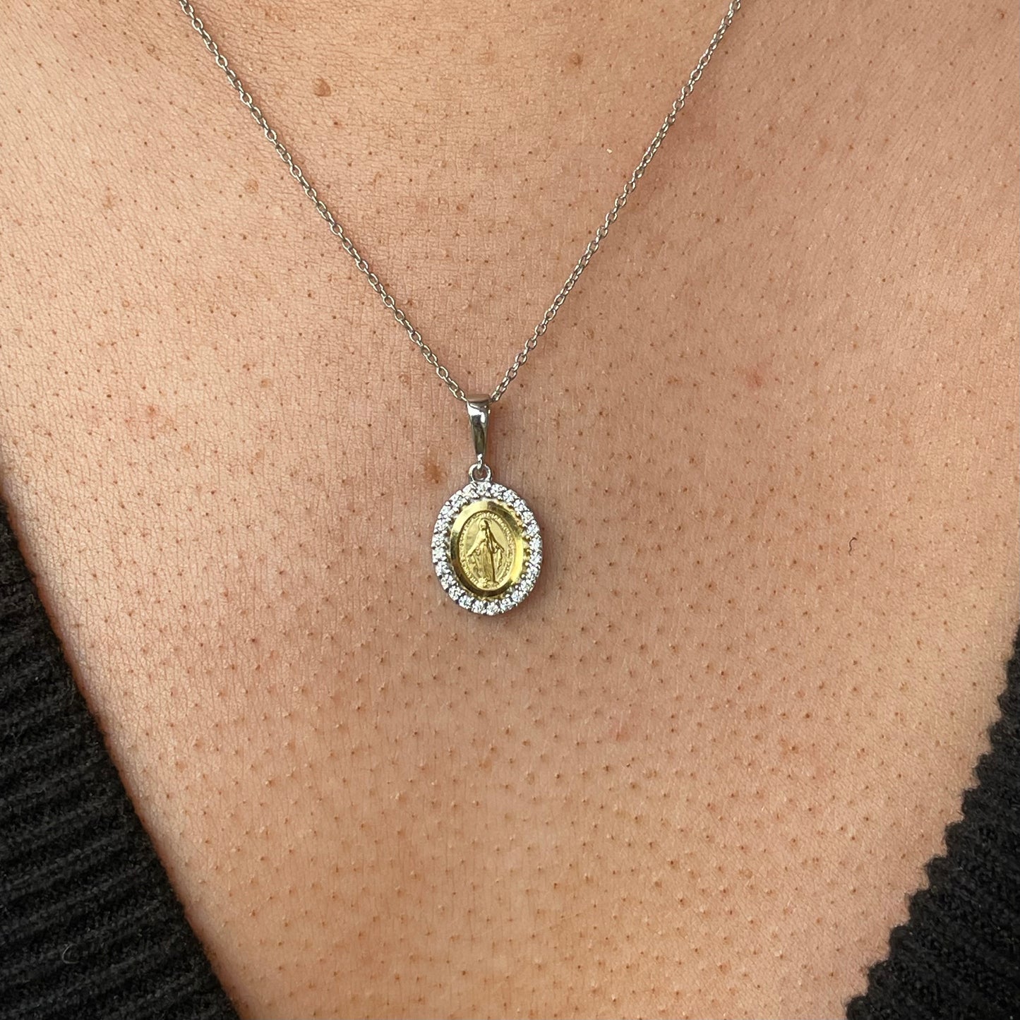 9ct White Gold Two Tone CZ Miraculous Medal Necklace | Very Small