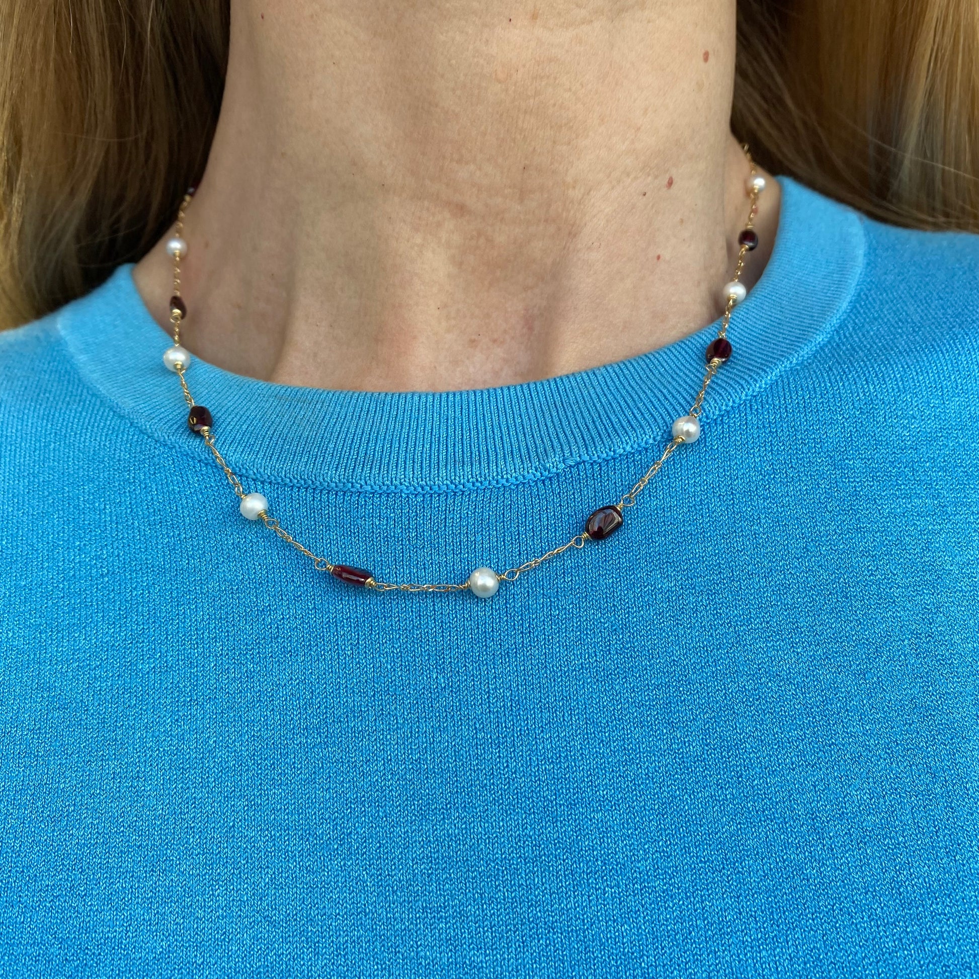 18ct Gold Fantasy Freshwater Pearl & Garnet Necklace - John Ross Jewellers