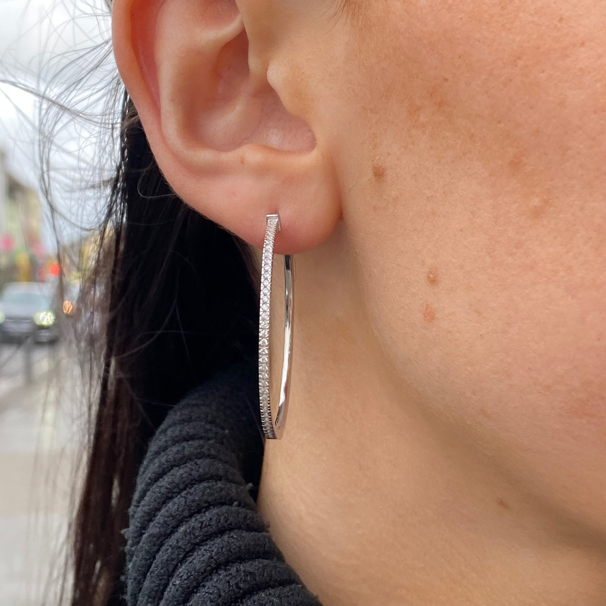 Silver Skinny CZ Hoop Earrings