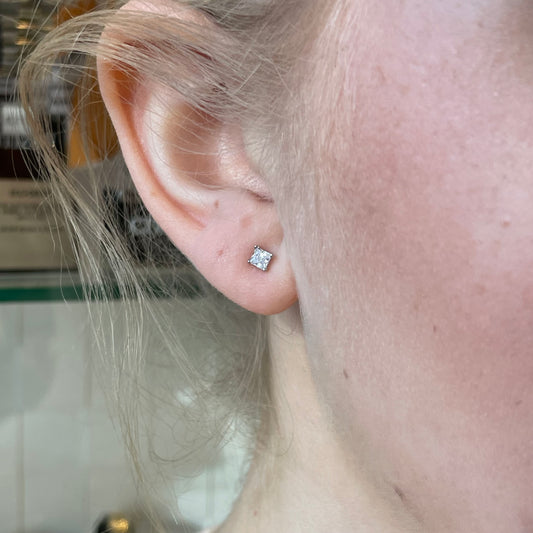 Silver 3mm Four Claw Princess CZ Stud Earrings
