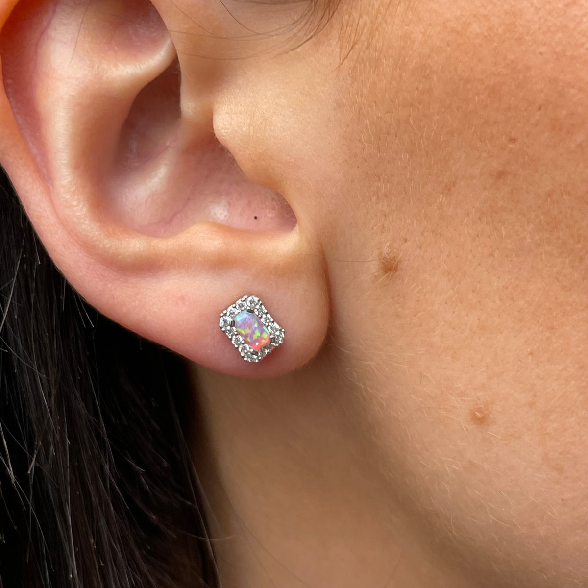 Silver Pink Opalique & CZ Rectangular Earring and Necklace Set