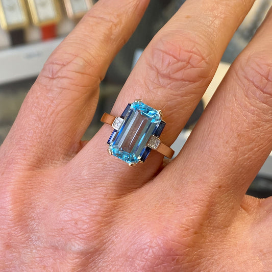 9ct Gold Blue Topaz, Sapphire & Diamond Deco Ring - John Ross Jewellers