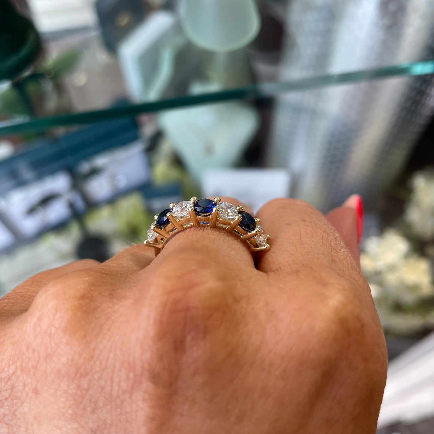 9ct Gold Blue & White CZ Seven Stone Eternity Ring