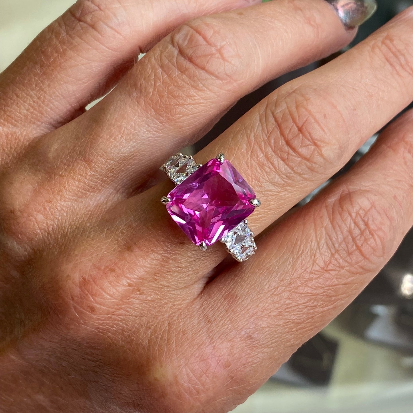 Silver Statement Emerald Cut Hot Pink & Princess CZ Ring