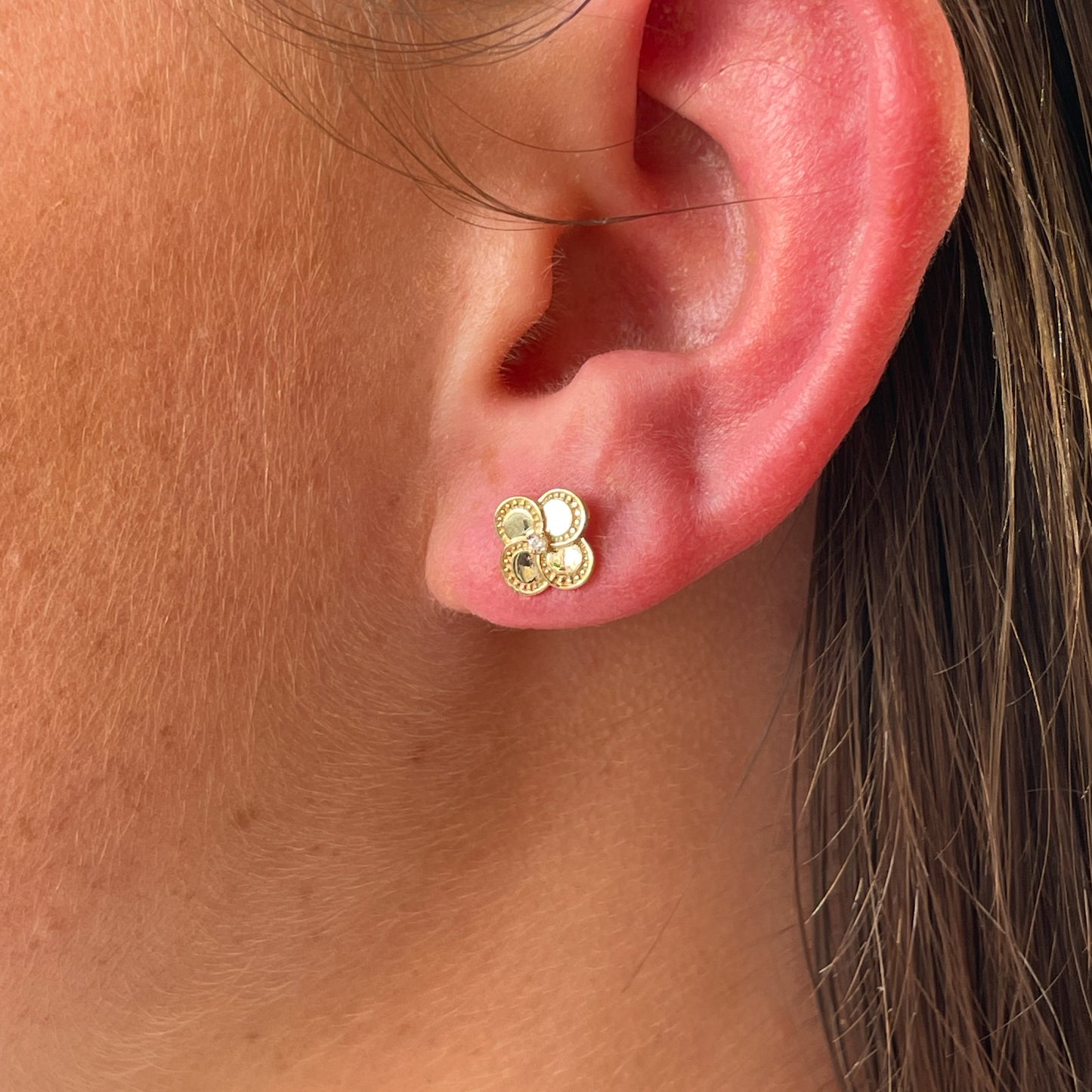 9ct Gold CZ Quatrefoil Stud Earrings | Millgrain Detail - John Ross Jewellers