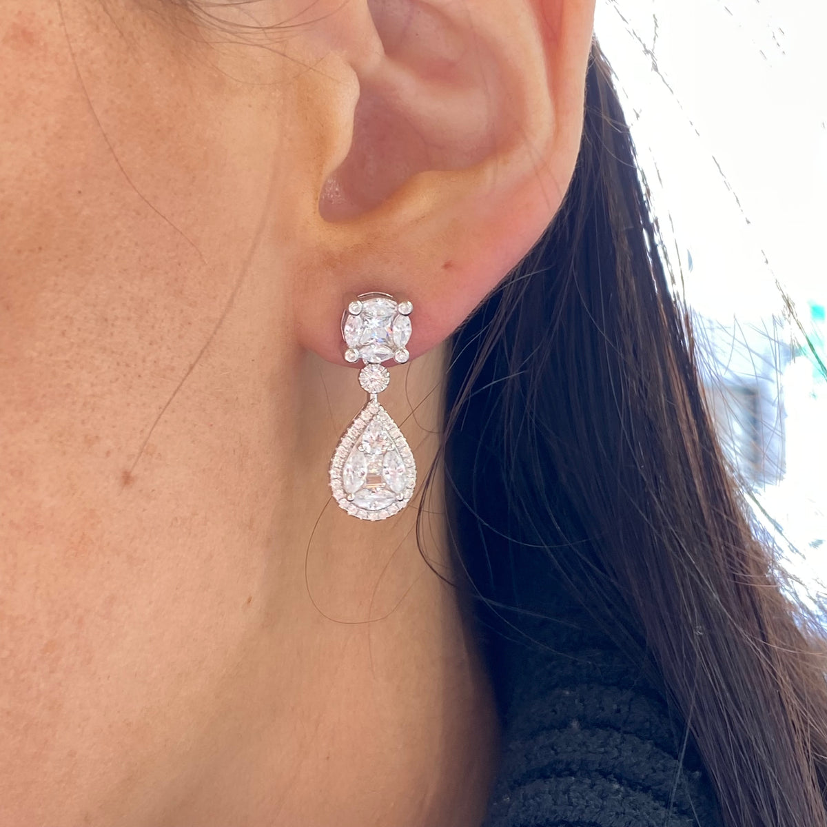 Silver Pearl CZ Halo Drop Earrings