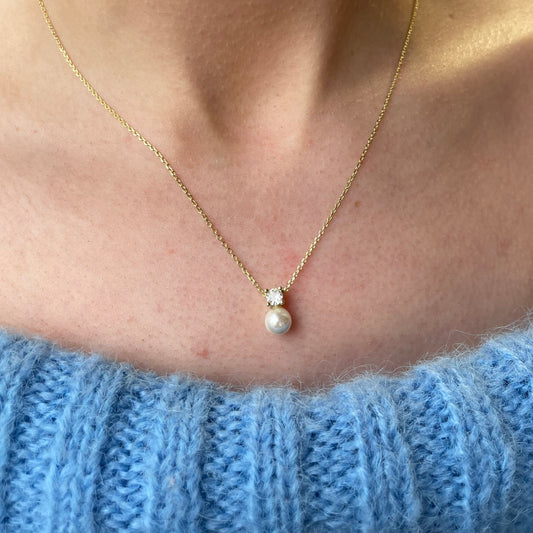 Silver 6.5mm Faux Pearl & CZ necklace | 42+3cm - John Ross Jewellers