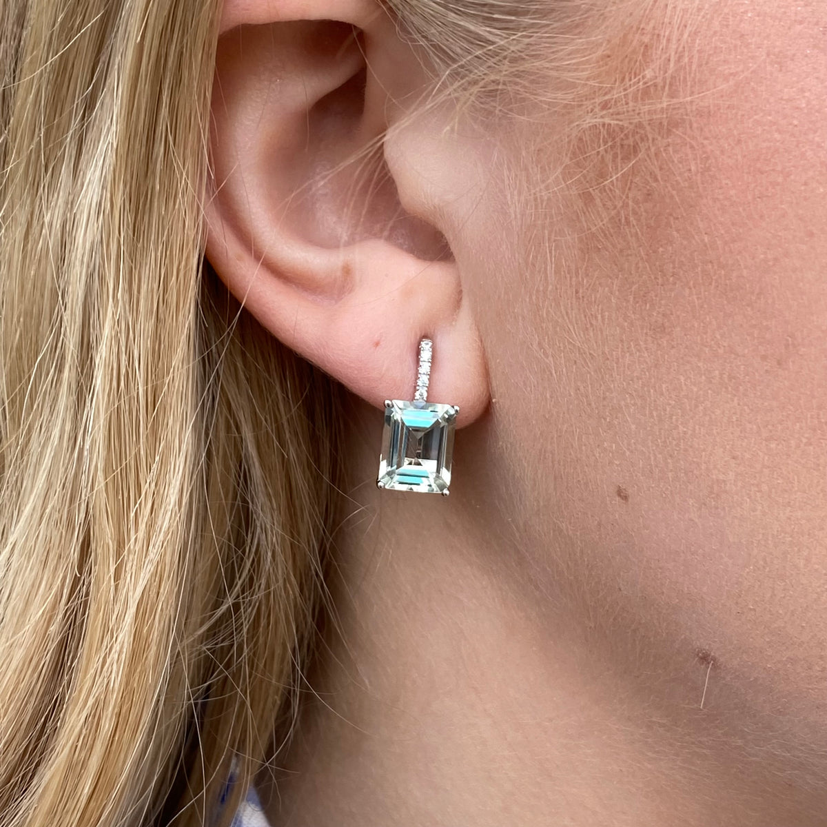Silver Green Amethyst Emerald Cut Clip Stud Earrings
