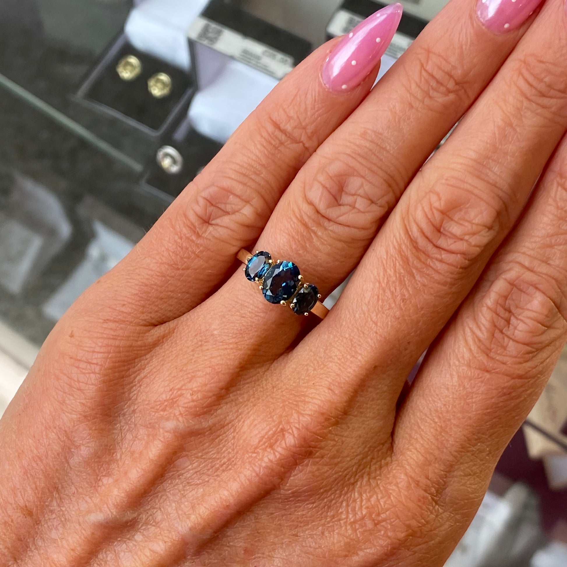 9ct Gold Oval Trilogy Ring - London Blue Topaz - John Ross Jewellers