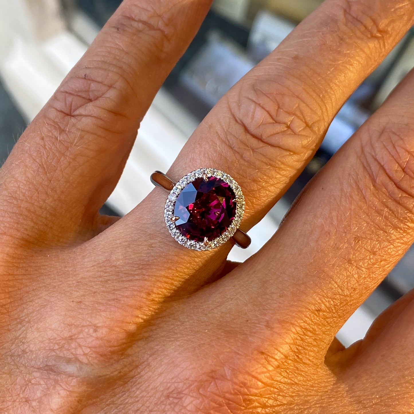 18ct White Gold Rhodolite & Diamond Ring