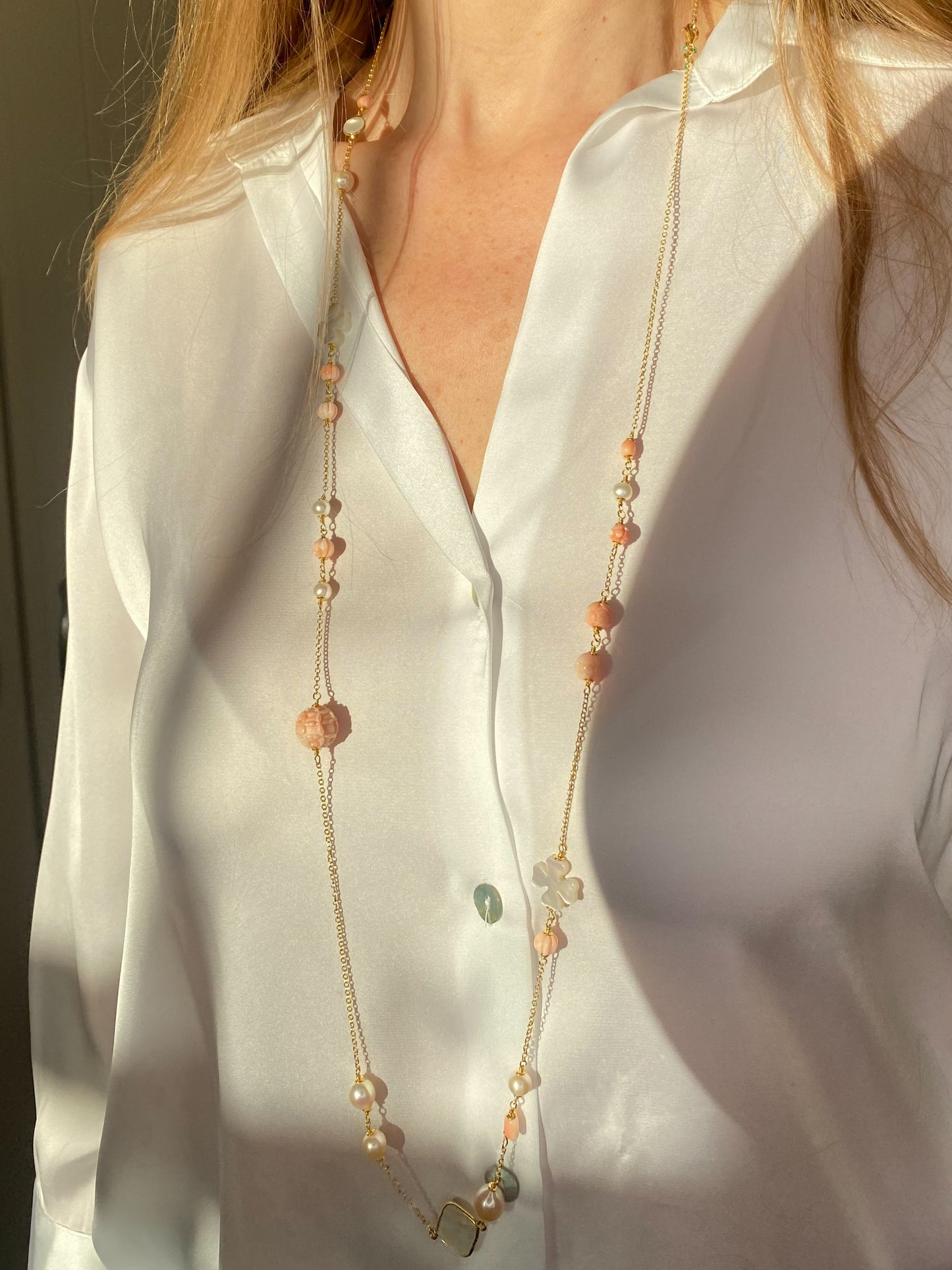 Peach Crush - Rose Coral, Mother of Pearl & Pearl Necklace | 110cm - John Ross Jewellers